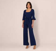 Knit Crepe Wide Leg Jumpsuit With Bell Sleeves In Navy Sateen