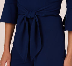 Knit Crepe Wide Leg Jumpsuit With Bell Sleeves In Navy Sateen