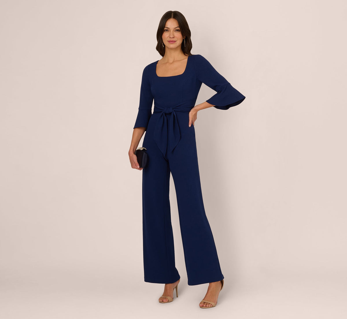 Knit Crepe Wide Leg Jumpsuit With Bell Sleeves In Navy Sateen