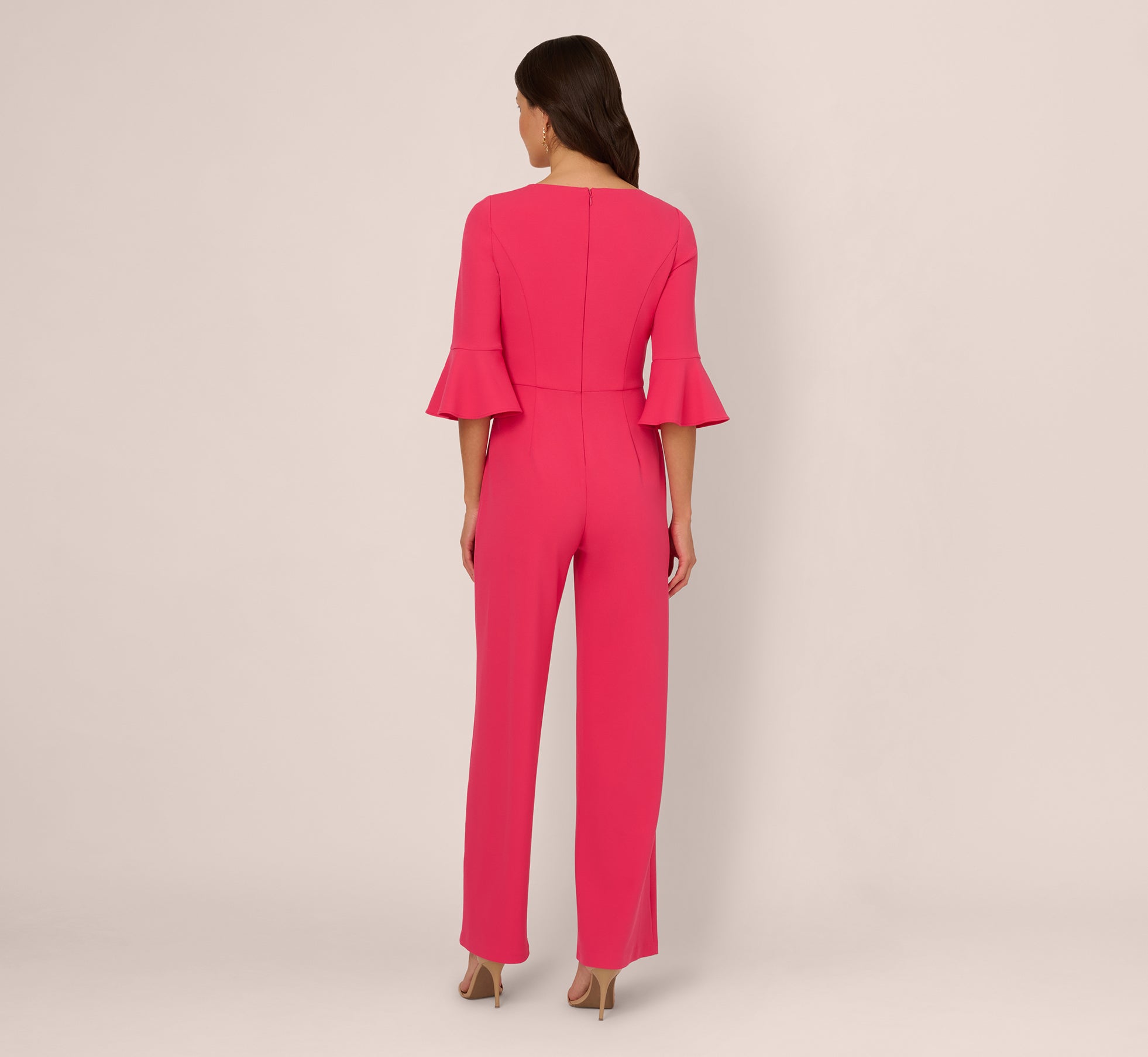 Knit Crepe Wide Leg Jumpsuit With Bell Sleeves In Camellia