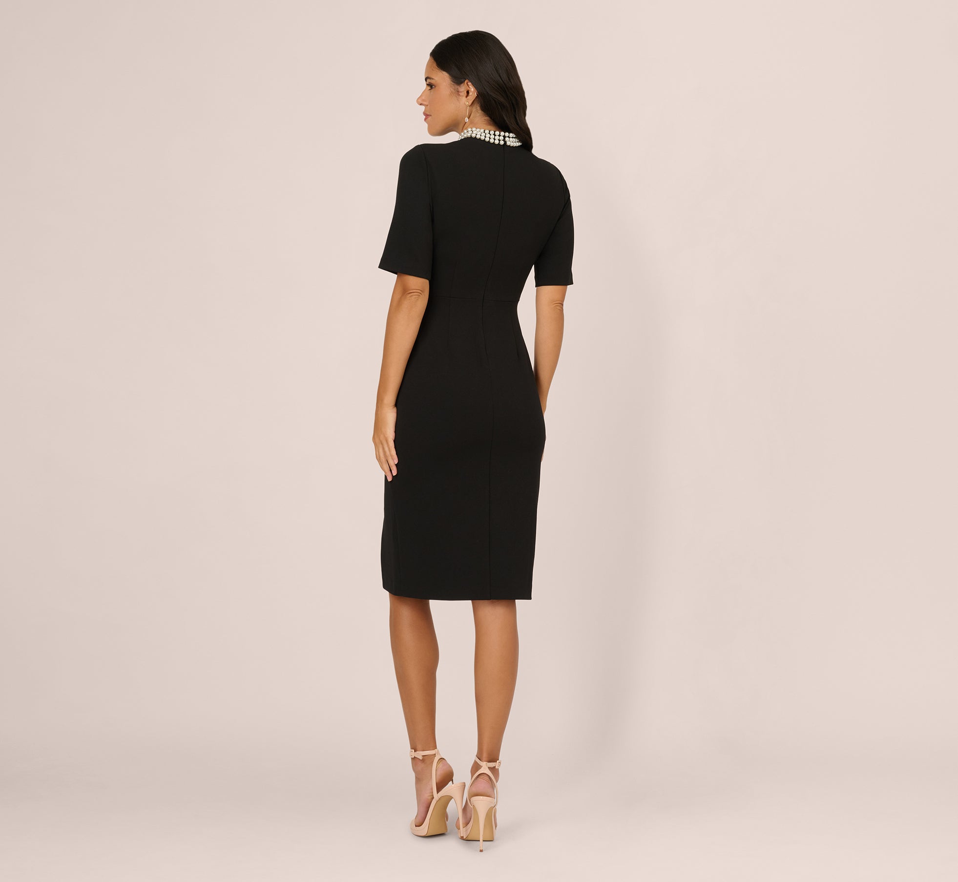 Embellished Short Sleeve Crepe Midi Sheath Dress In Black Ivory