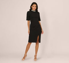 Embellished Short Sleeve Crepe Midi Sheath Dress In Black Ivory