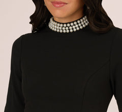 Embellished Short Sleeve Crepe Midi Sheath Dress In Black Ivory