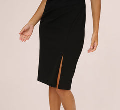 Embellished Short Sleeve Crepe Midi Sheath Dress In Black Ivory