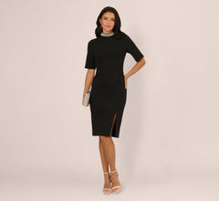 Embellished Short Sleeve Crepe Midi Sheath Dress In Black Ivory