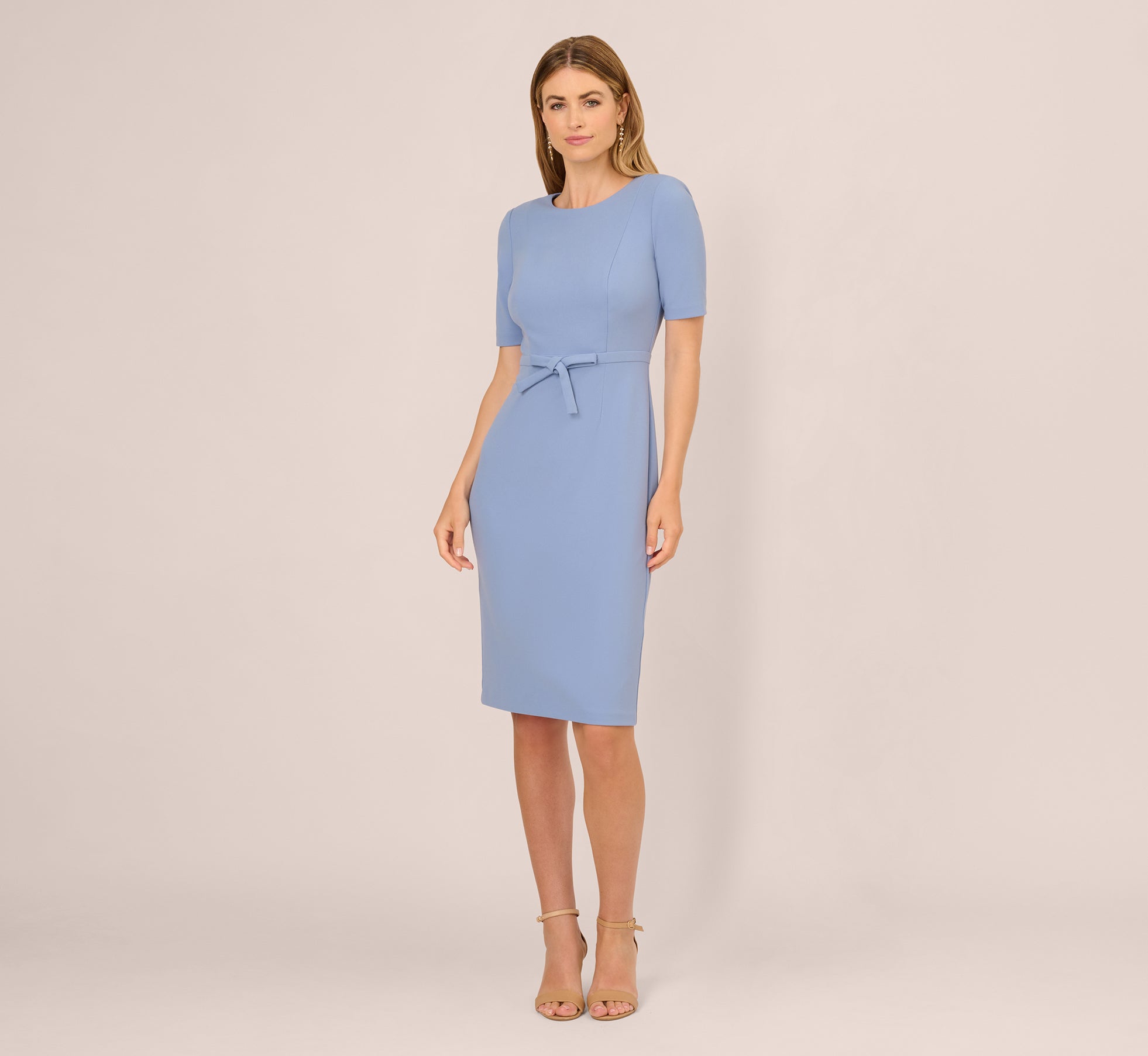 Short Sleeve Bow Waist Sheath Dress In French Blue