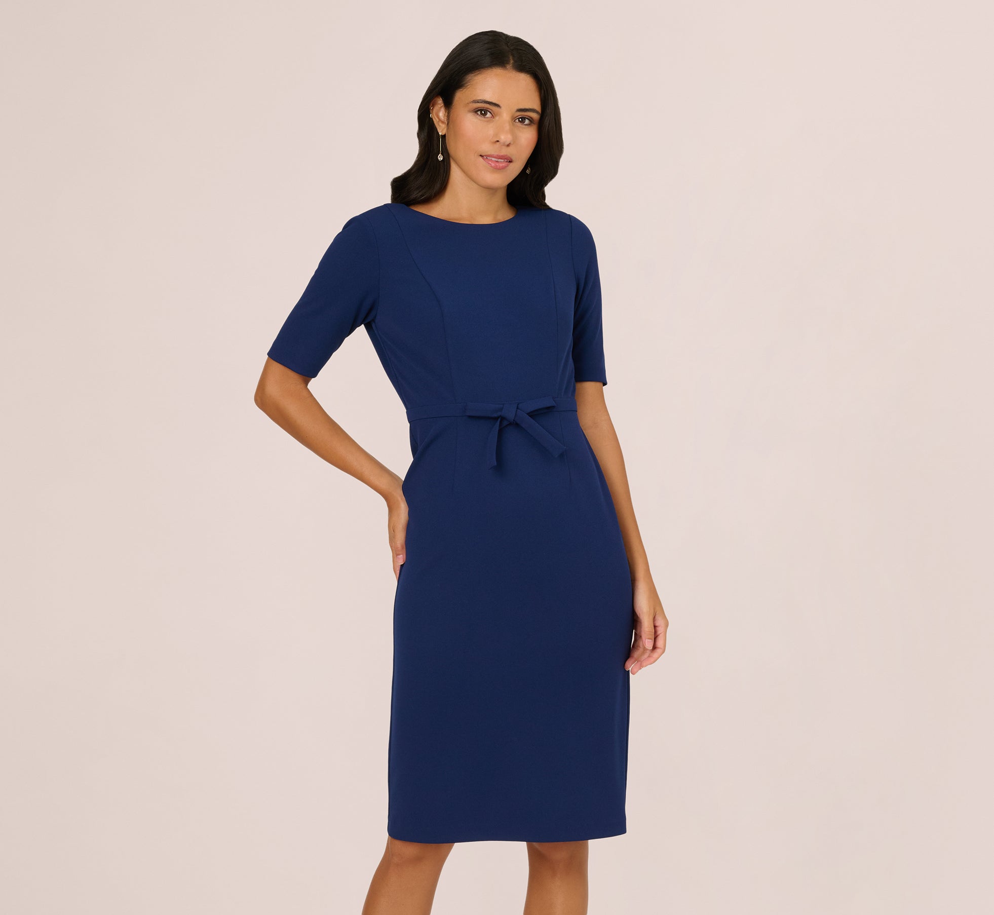 Short Sleeve Bow Waist Sheath Dress In Navy Sateen