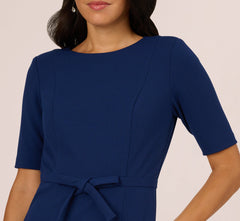 Short Sleeve Bow Waist Sheath Dress In Navy Sateen