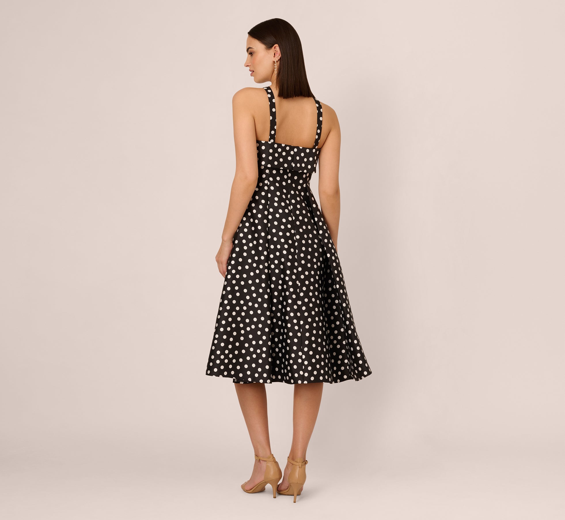 Polka Dot Halter Fit And Flare Midi Dress In Black Ivory