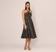 Polka Dot Halter Fit And Flare Midi Dress In Black Ivory