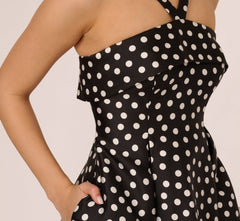 Polka Dot Halter Fit And Flare Midi Dress In Black Ivory