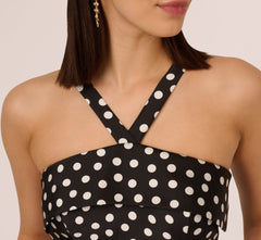 Polka Dot Halter Fit And Flare Midi Dress In Black Ivory