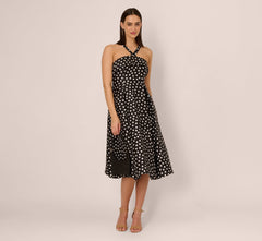 Polka Dot Halter Fit And Flare Midi Dress In Black Ivory