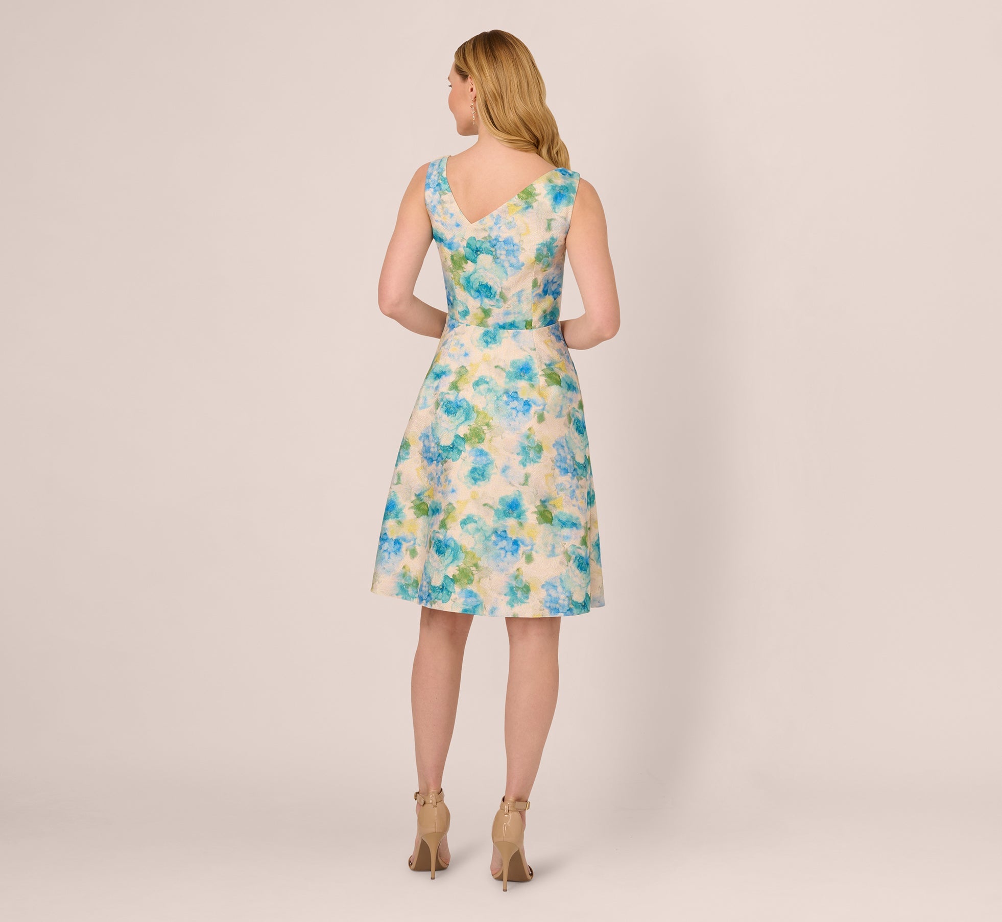 Sleeveless Asymmetrical Floral Jacquard Midi Dress In Ivory Blue Multi
