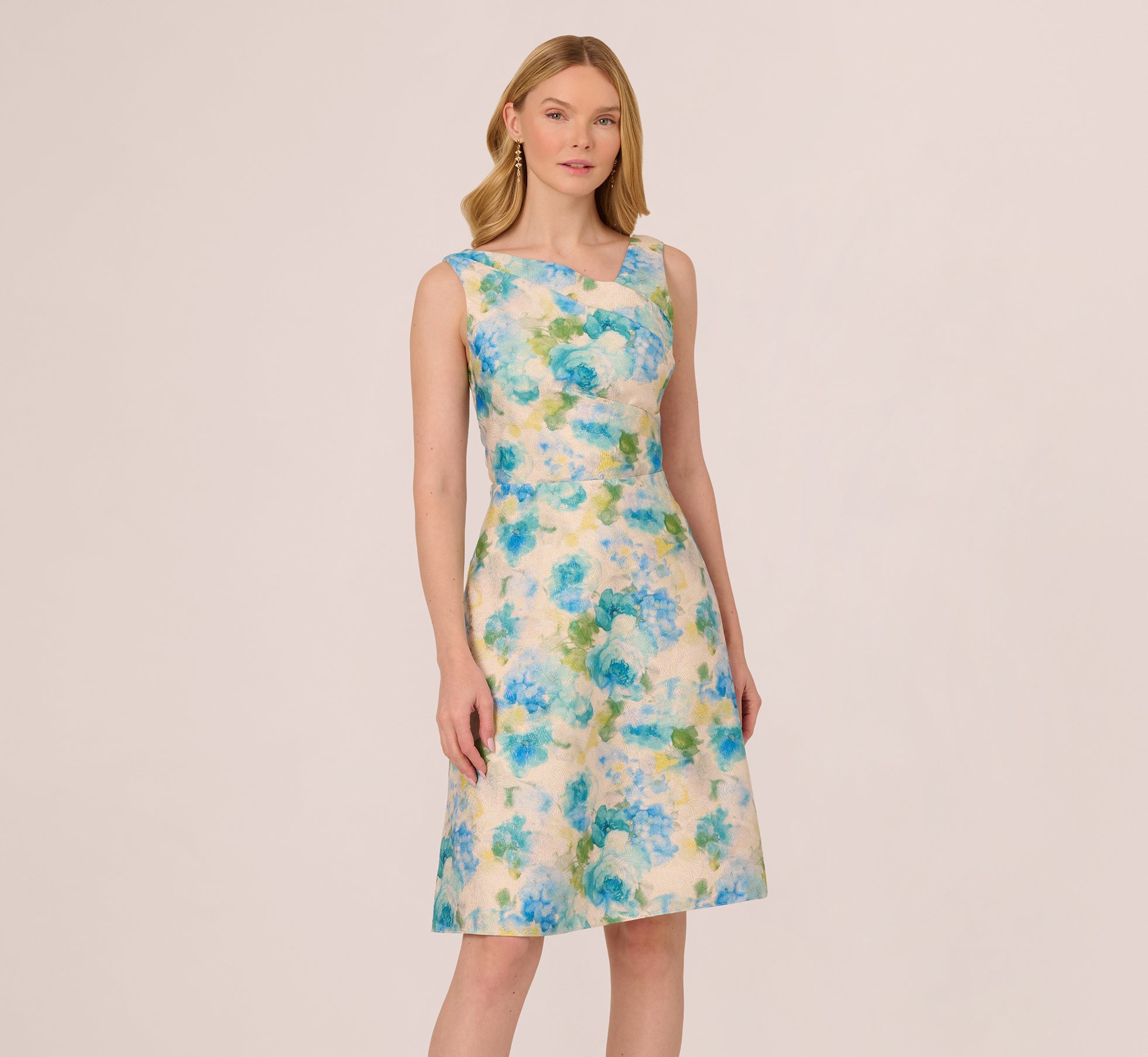 Sleeveless Asymmetrical Floral Jacquard Midi Dress In Ivory Blue Multi