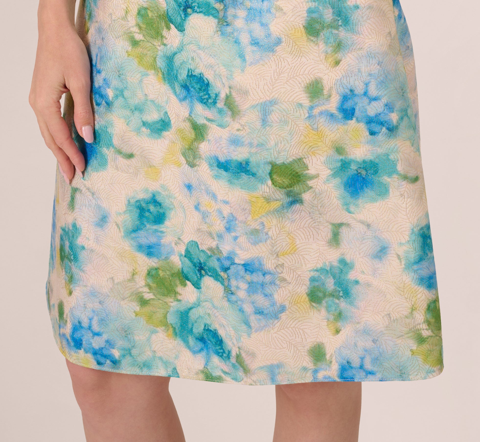 Sleeveless Asymmetrical Floral Jacquard Midi Dress In Ivory Blue Multi