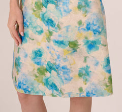 Sleeveless Asymmetrical Floral Jacquard Midi Dress In Ivory Blue Multi
