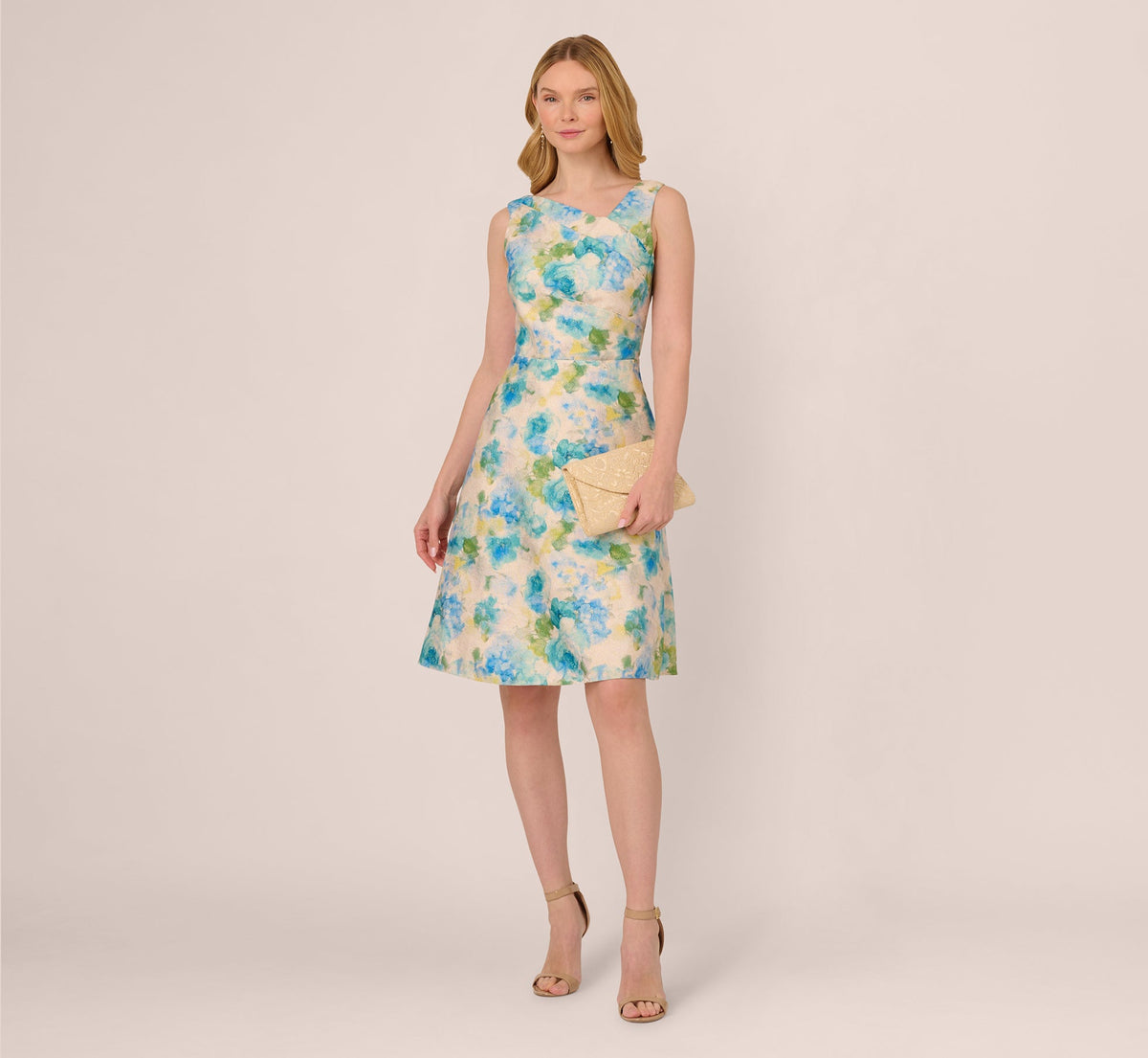 Sleeveless Asymmetrical Floral Jacquard Midi Dress In Ivory Blue Multi