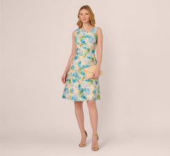 Sleeveless Asymmetrical Floral Jacquard Midi Dress In Ivory Blue Multi
