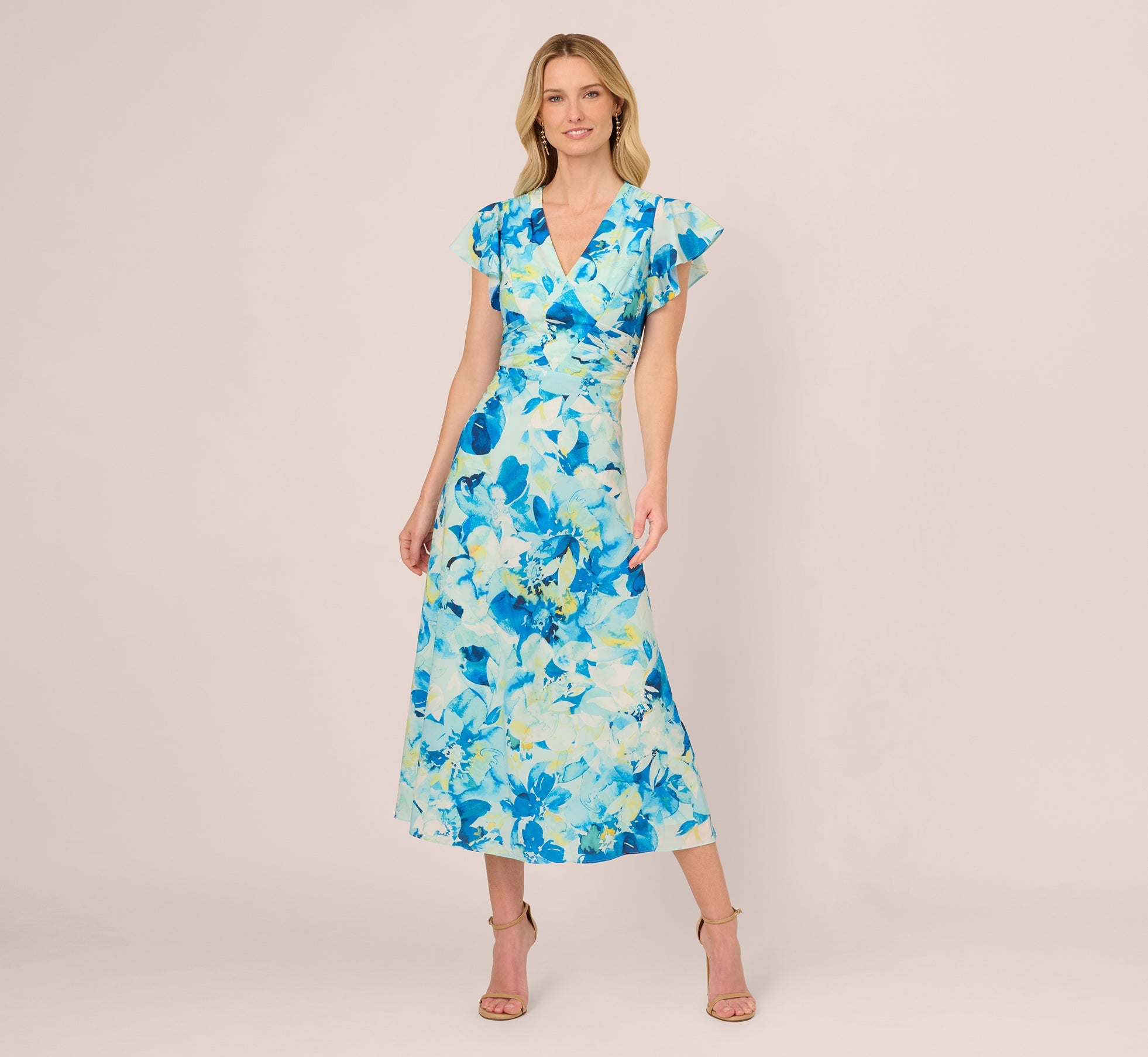 Flutter Sleeve Floral Chiffon Midi Dress In Blue Multi