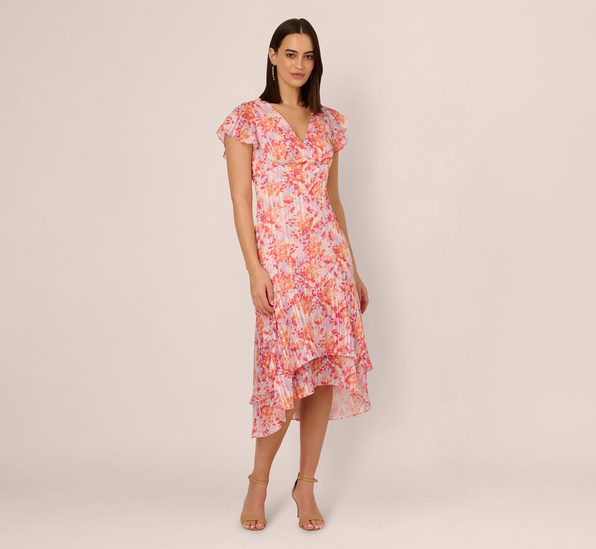 Flutter Sleeve Floral Stripe Flounce Midi Dress In Peri Coral Multi