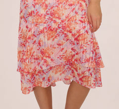 Flutter Sleeve Floral Stripe Flounce Midi Dress In Peri Coral Multi