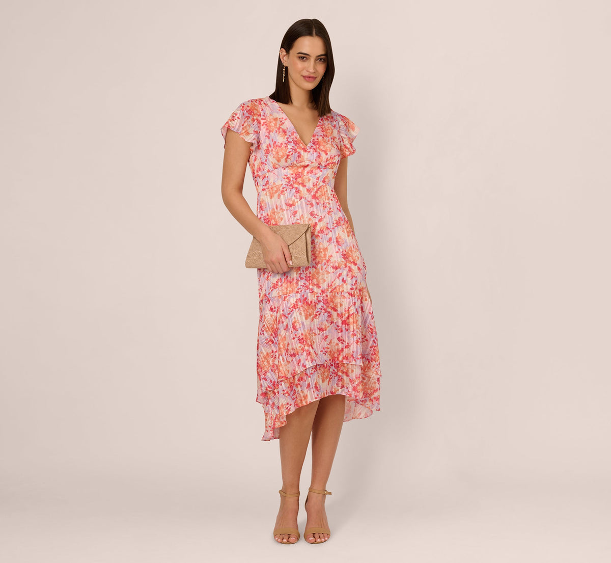 Flutter Sleeve Floral Stripe Flounce Midi Dress In Peri Coral Multi