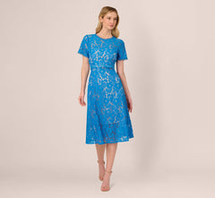 Short Sleeve Belted Lace Midi Dress In Blue Wave In Blue Wave