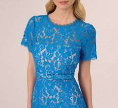 Short Sleeve Belted Lace Midi Dress In Blue Wave In Blue Wave