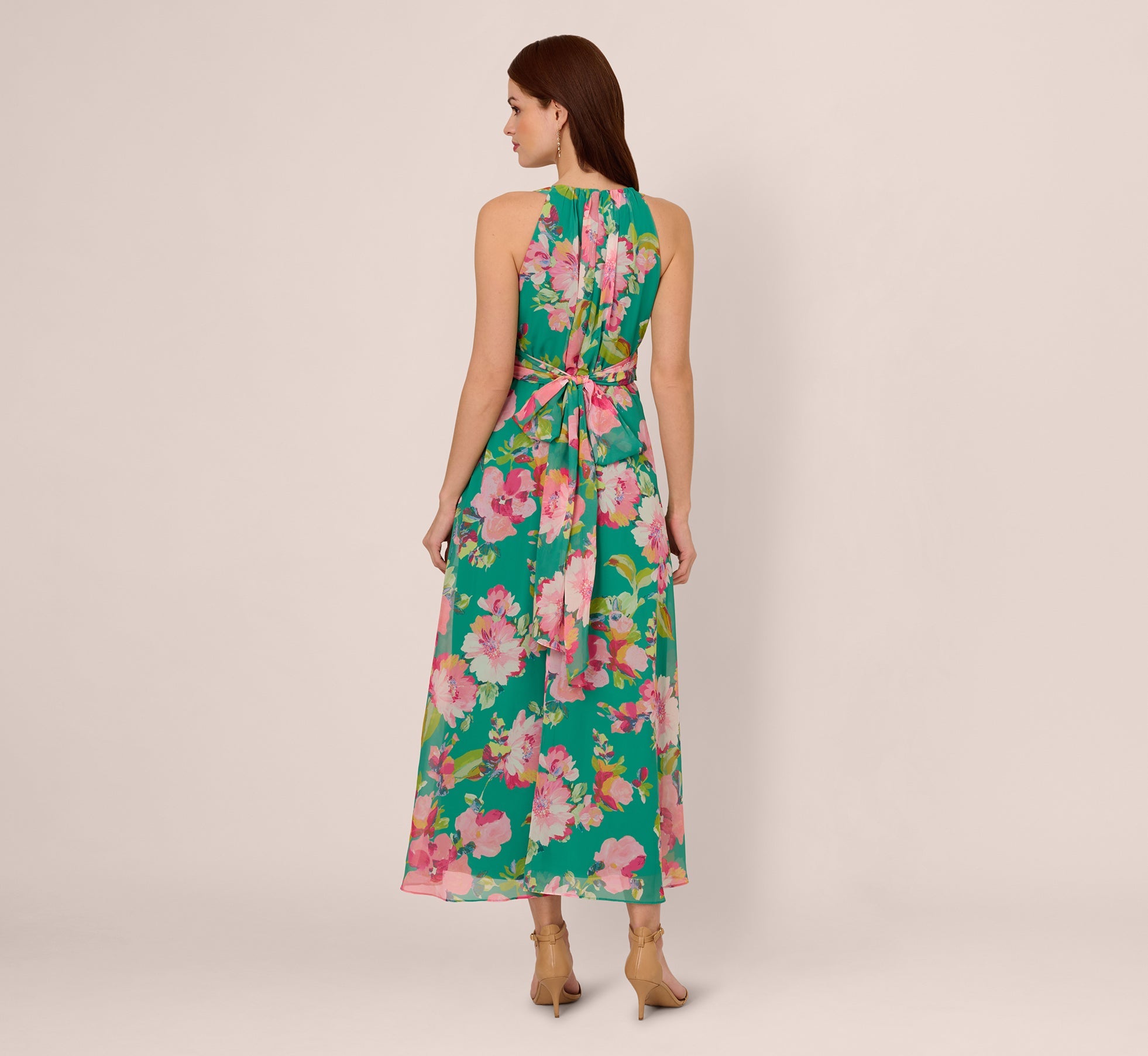 Floral Chiffon Halter Midi Dress In Green Multi