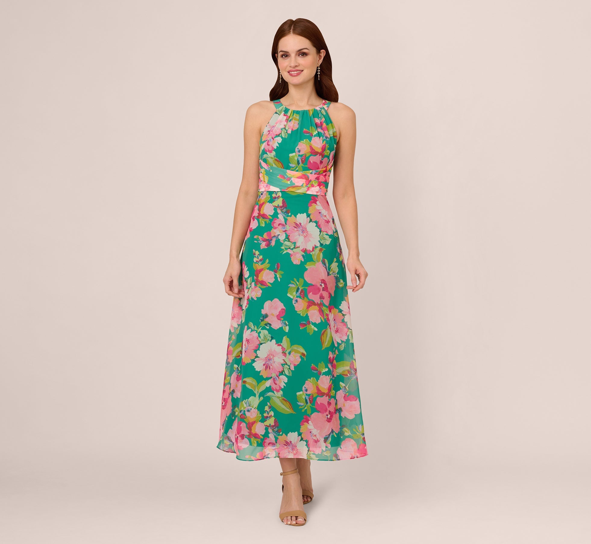 Floral Chiffon Halter Midi Dress In Green Multi