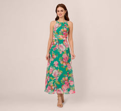 Floral Chiffon Halter Midi Dress In Green Multi