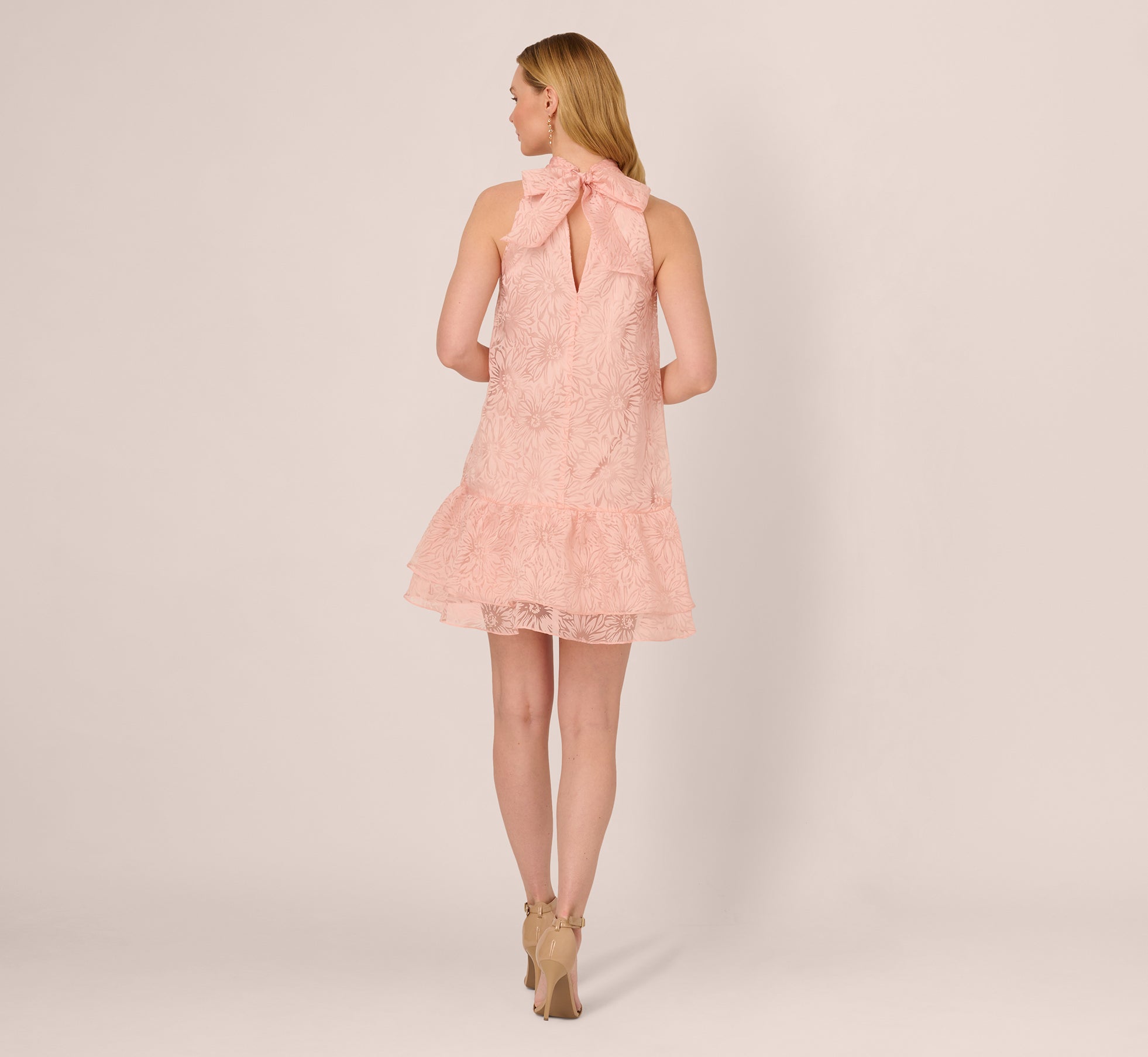Halter Burnout Floral Flounce Trapeze Dress In Blush
