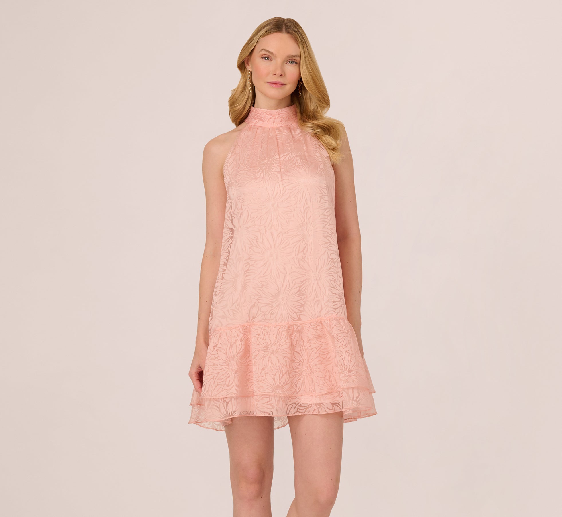 Halter Burnout Floral Flounce Trapeze Dress In Blush