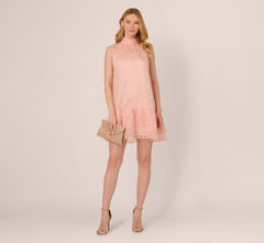Halter Burnout Floral Flounce Trapeze Dress In Blush