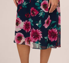 Cap Sleeve Floral Chiffon A Line Midi Dress In Navy Pink Multi
