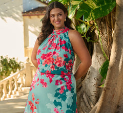 Plus Size Floral Chiffon Midi Halter Dress In Turquoise Multi