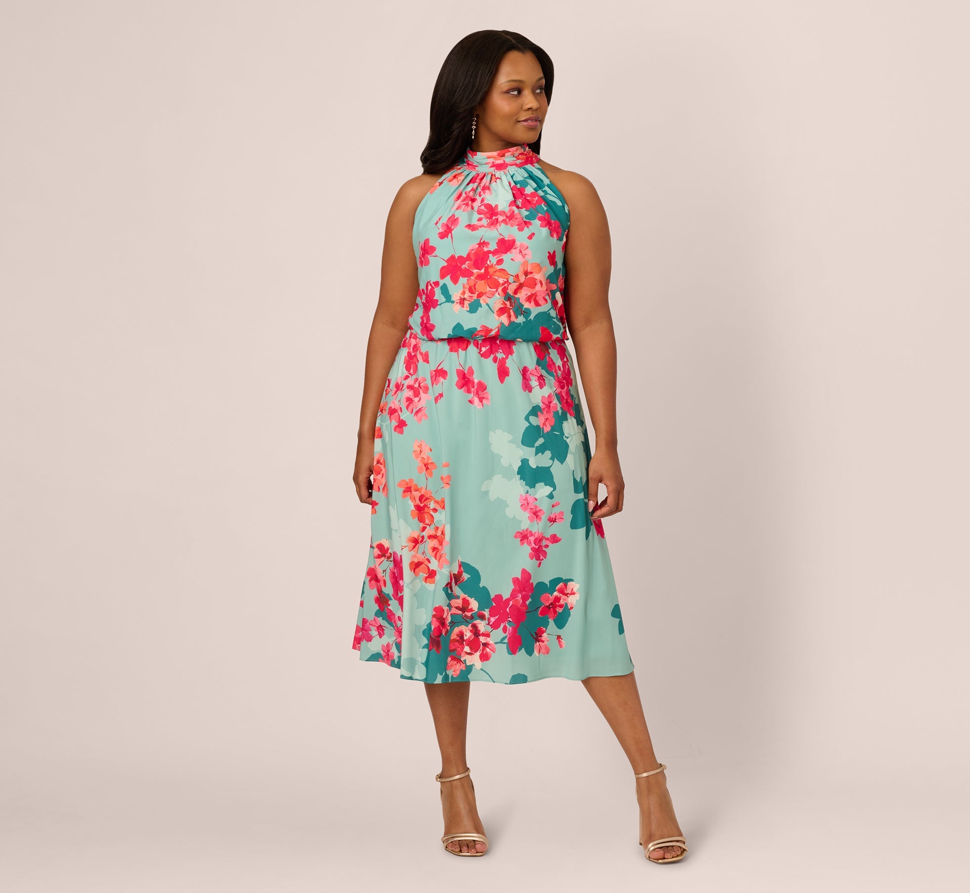 Plus Size Floral Chiffon Midi Halter Dress In Turquoise Multi