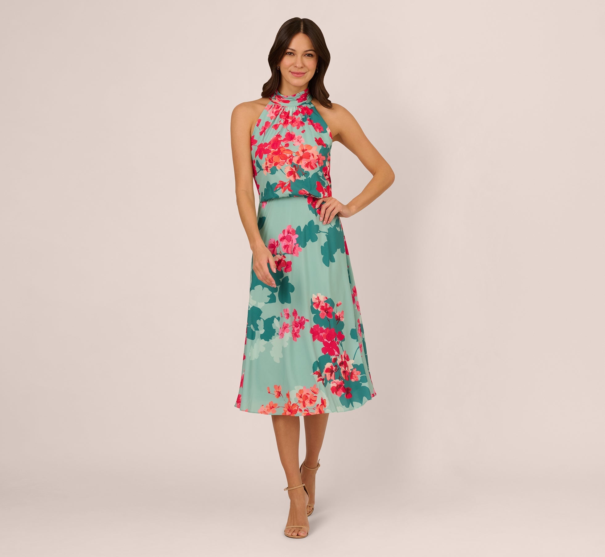 Floral Chiffon Midi Halter Dress In Turquoise Multi