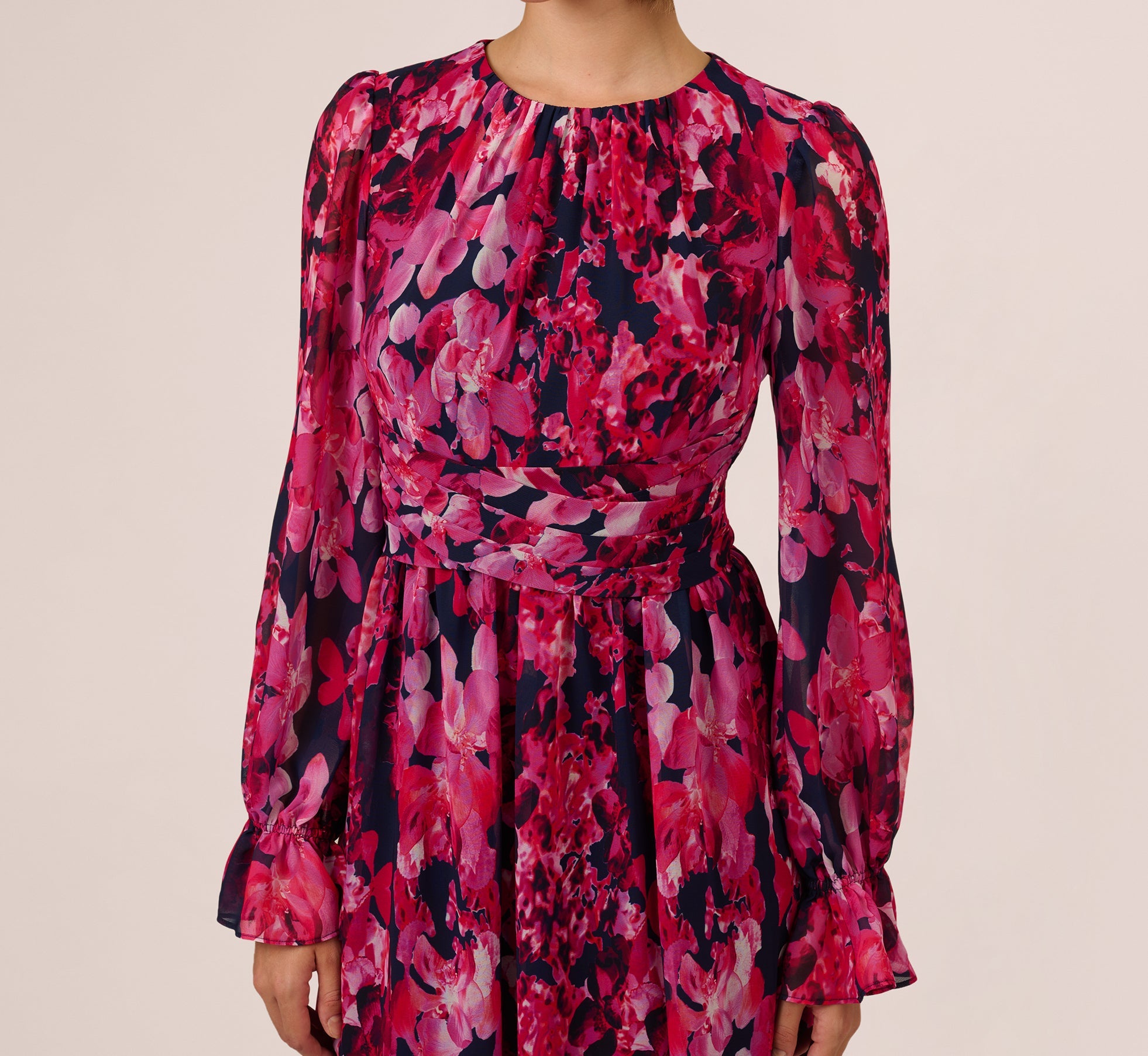 Floral Wrap Waist Ankle Dress In Navy Pink Multi