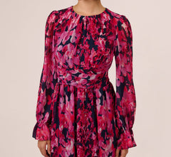 Floral Wrap Waist Ankle Dress In Navy Pink Multi