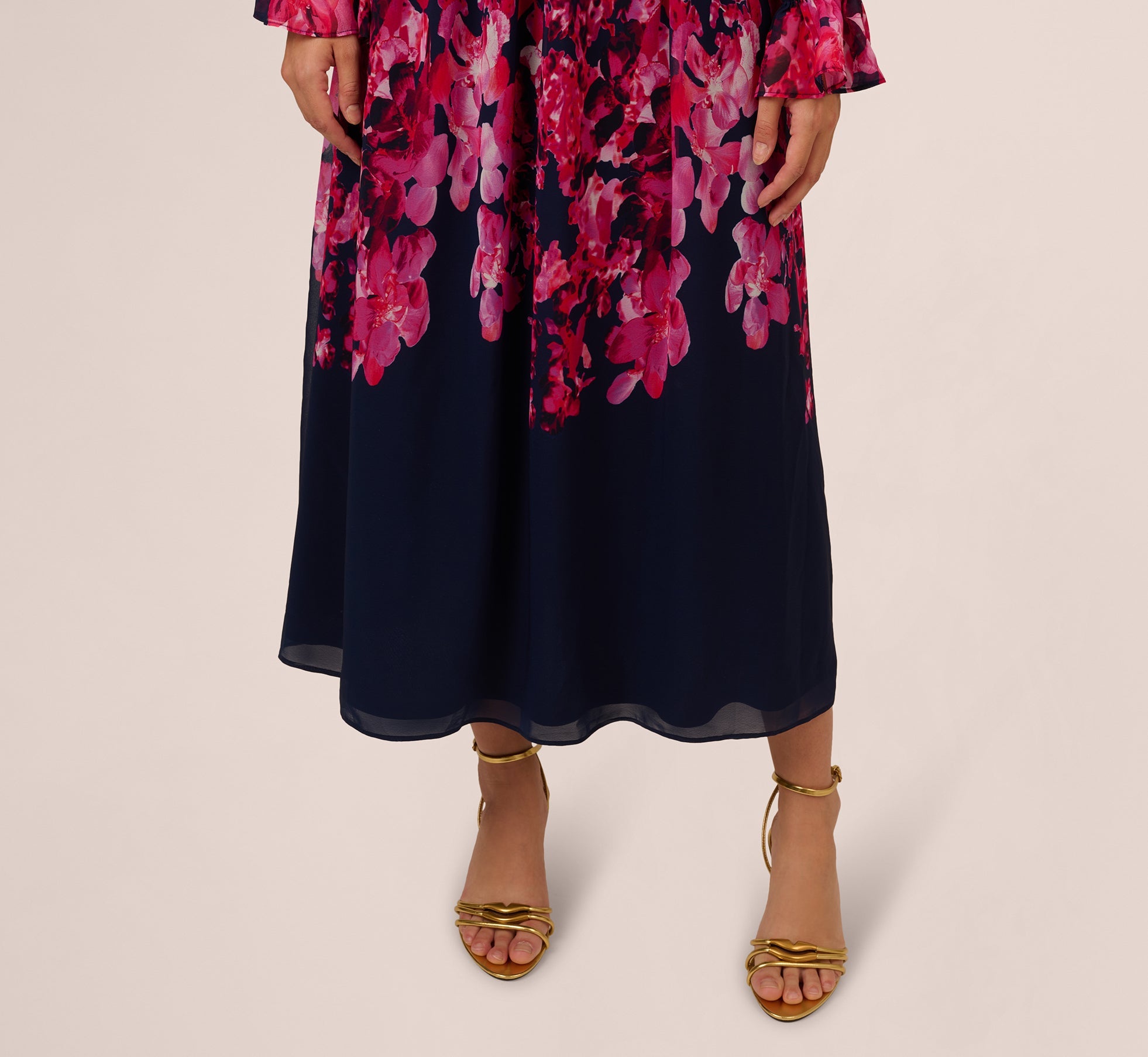Floral Wrap Waist Ankle Dress In Navy Pink Multi
