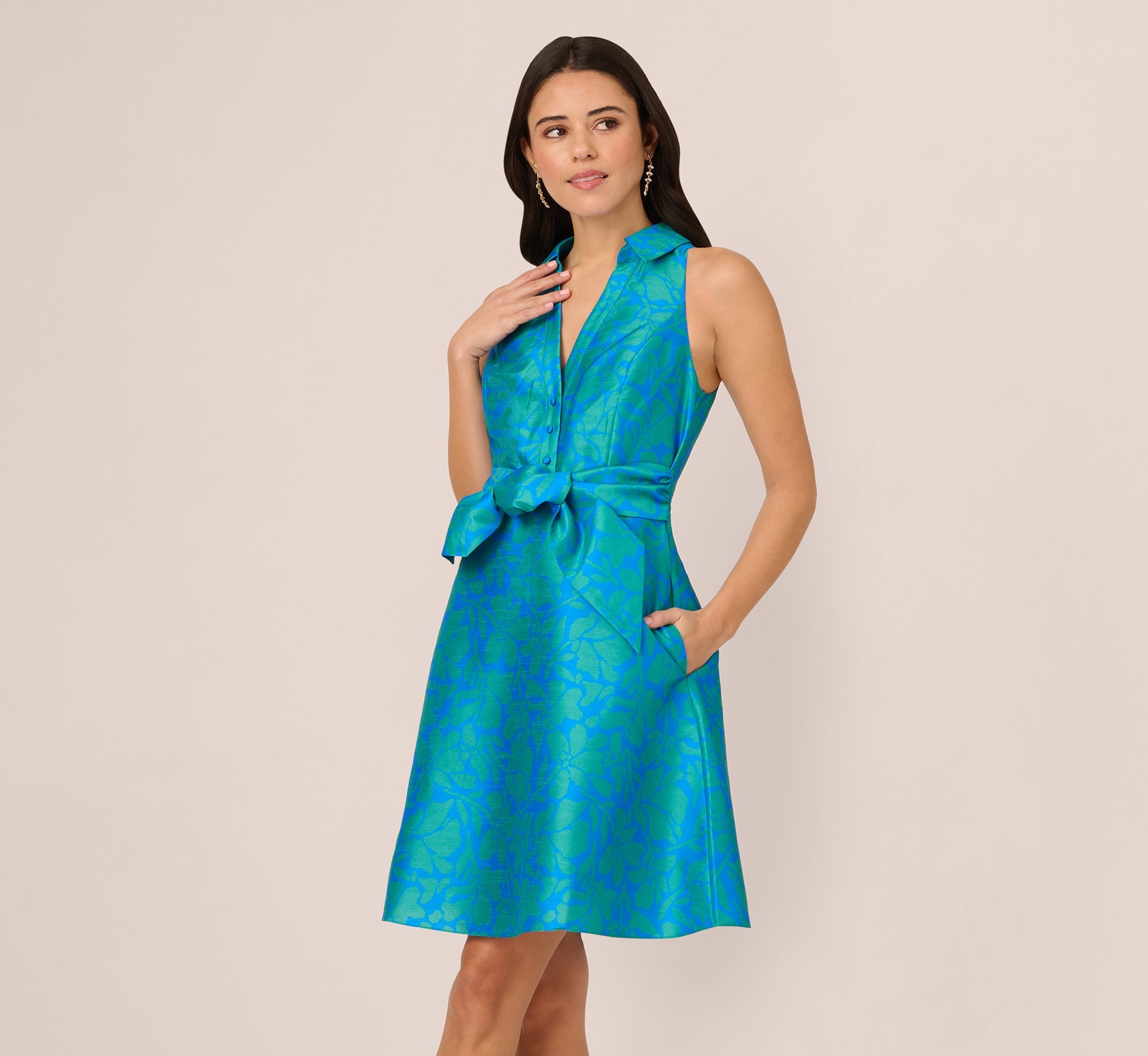 Sleeveless Printed Tie Front Short Dress In Blue Green