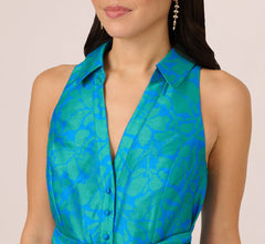 Sleeveless Printed Tie Front Short Dress In Blue Green