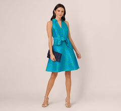 Sleeveless Printed Tie Front Short Dress In Blue Green