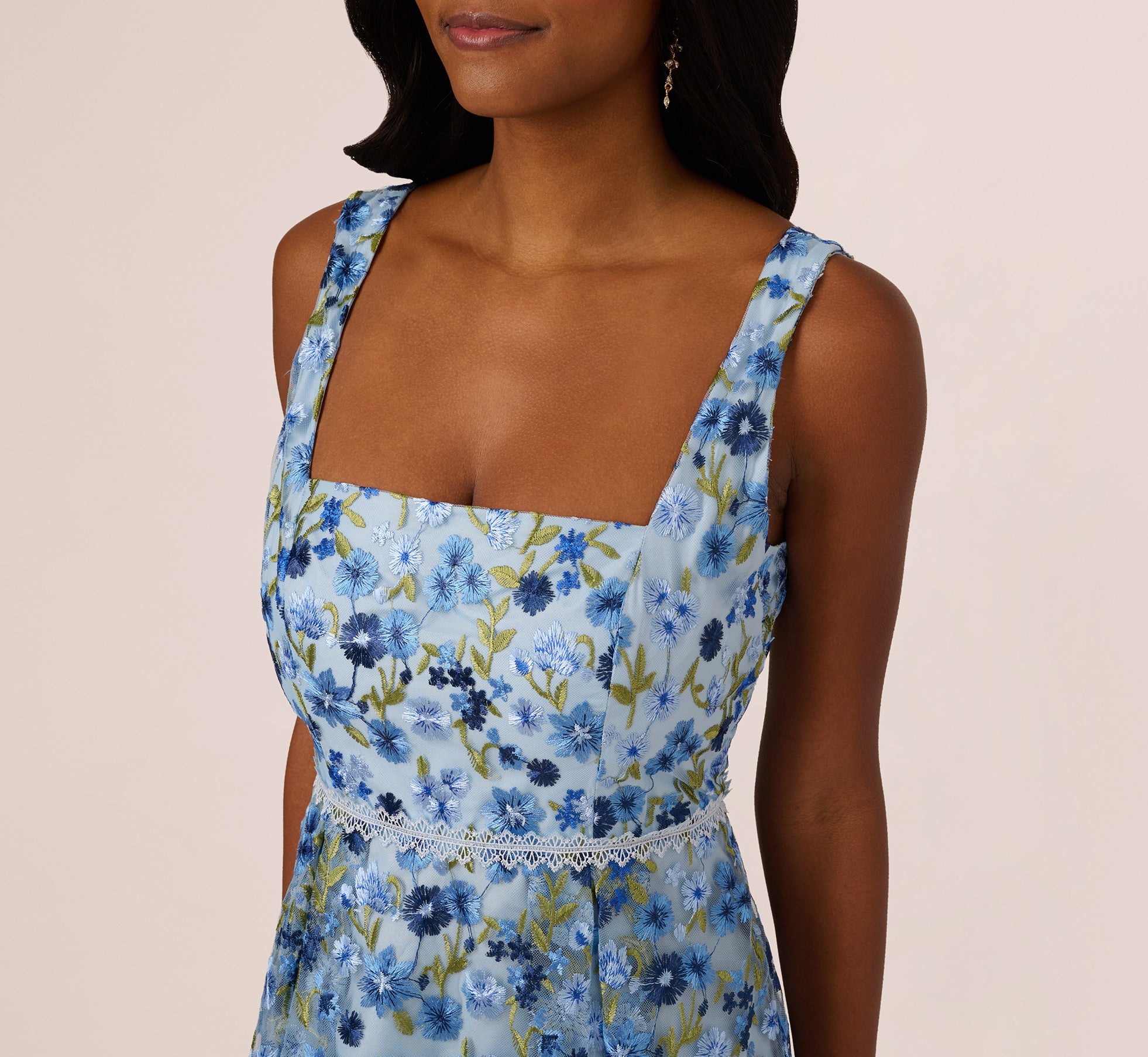 Sleeveless Square Neck Floral Embroidered Midi Dress In Blue Multi
