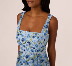 Sleeveless Square Neck Floral Embroidered Midi Dress In Blue Multi