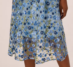 Sleeveless Square Neck Floral Embroidered Midi Dress In Blue Multi