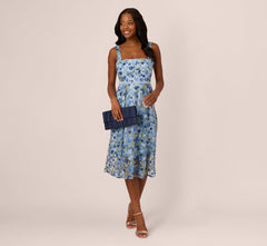 Sleeveless Square Neck Floral Embroidered Midi Dress In Blue Multi