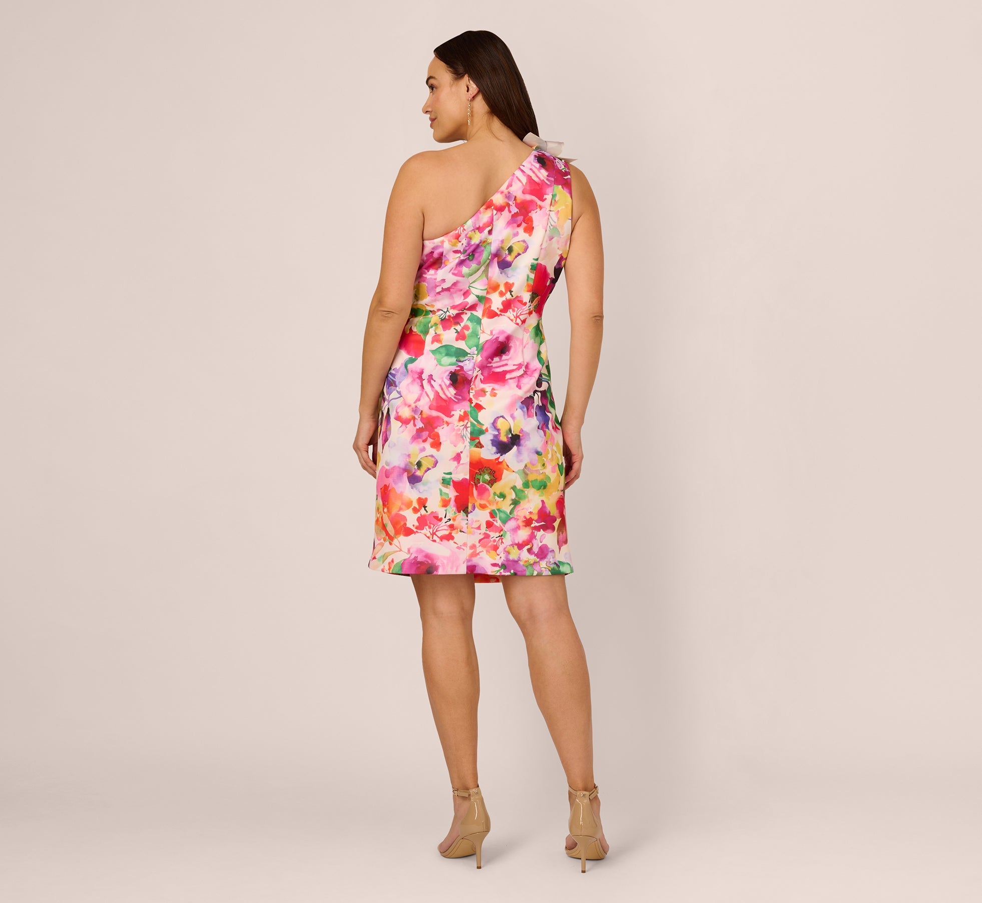 Plus Size One Shoulder Rosette Floral Sheath Dress In Pink Multi